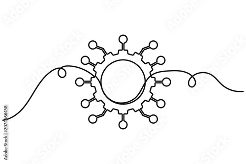 Automation icon sign continuous one line drawing on white background minimalist single art communication and networking gear optimization industrial symbol doodle illustration