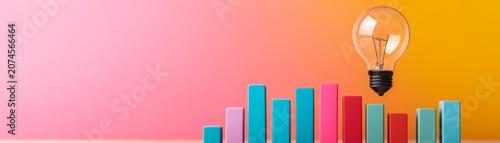 Subject A lightbulb positioned vertically, appearing as a pen tip above a bar chart. Composition A bar chart made of colorful blocks (blue, pink, red, teal) in the foreground. A