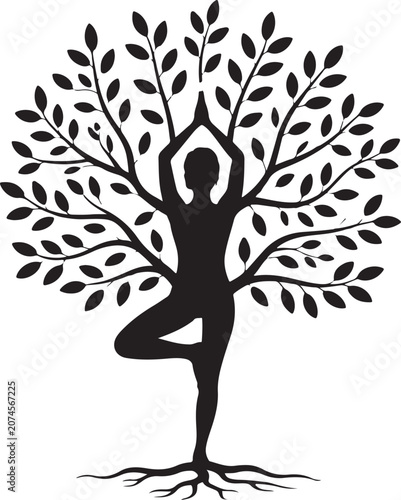 Yoga pose silhouette as a tree with roots