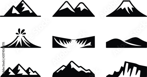 Photos Set of various mountain peak icons and geological landscape formations in flat v
