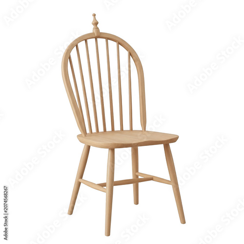 Elegant light wood windsor chair with curved backrest isolated on transparent background