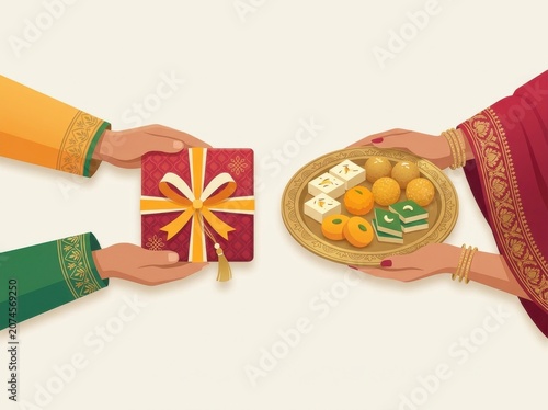 Indian family exchanging diwali gift and sweet mithai plate illustration