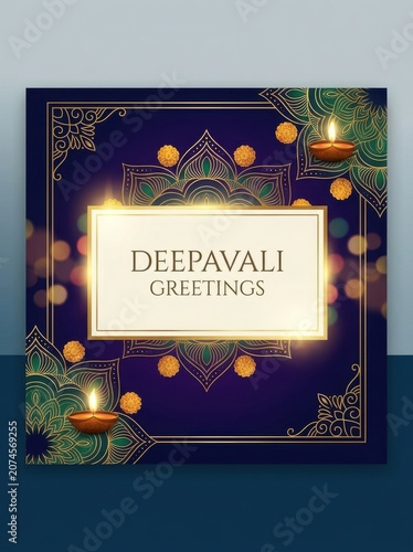Deepavali greetings card with illuminated diya oil lamp and mandala pattern