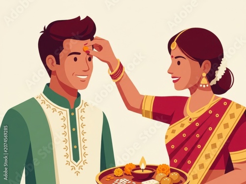Indian woman applying tilak on brother forehead for Bhai Dooj festival