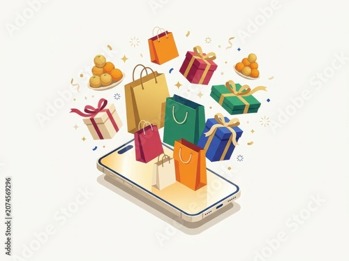 Online shopping on smartphone with gift box and bag for diwali festival