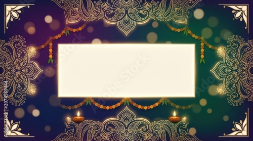 Diwali banner with copy space blank frame mandala and diya lamp ornament