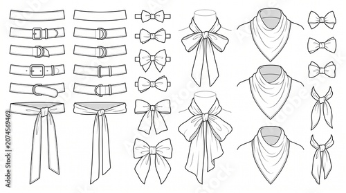 Fashion Accessory Technical Sketch Set: Belts, Bows, Scarves, and Bandanas