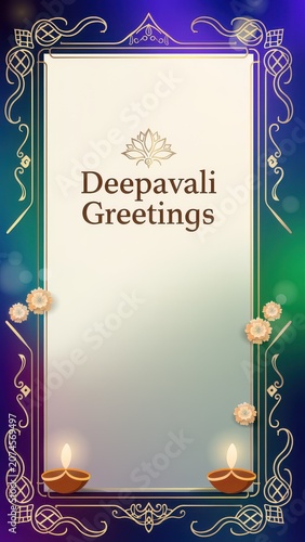 Deepavali greetings story template with line art frame and burning diya lamp