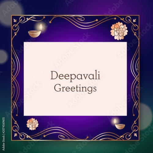 Deepavali greeting template with square purple frame and gold ornament