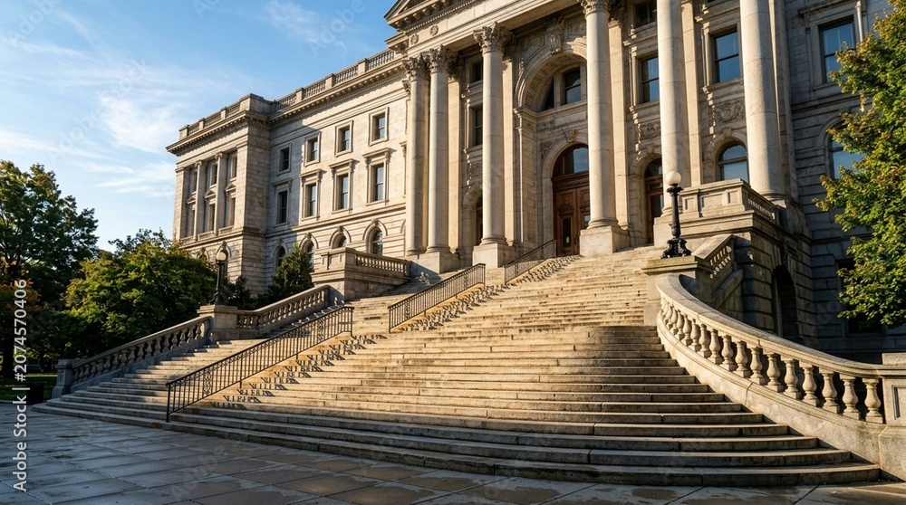 Fototapeta premium Federal Courthouse Stone Steps Morning Sunlight — Justice Architecture Exterior Concept