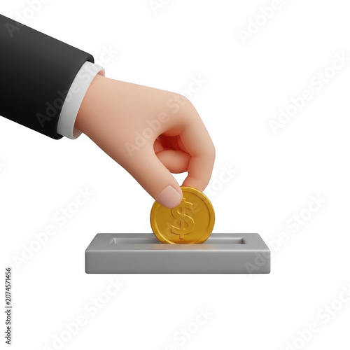 Hand dropping gold coin into slot machine lever isolated on transparent background