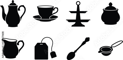 Vintage Tea Set and High Tea Party Accessories Silhouette Vector Icon Collection Isolated on White Background