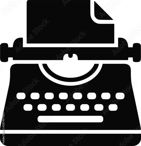 Vintage Typewriter Machine with Paper Silhouette Vector Icon Isolated on White Background