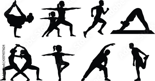 Yoga and fitness workout black silhouette vector icon set featuring stretching running and yoga poses