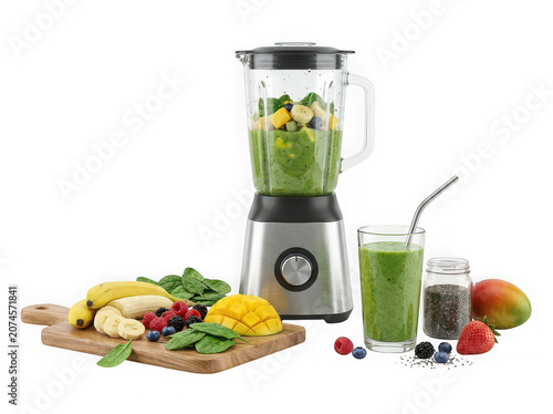 Healthy Green Smoothie Blender with Fresh Fruits Spinach Banana Mango and Berries Isolated on Transparent Background - 3D Kitchen Appliance Scene