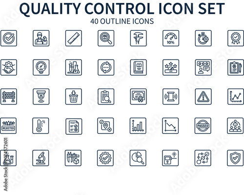 Quality control icon set, 40 outline icons for industrial manufacturing and business assurance, thin line quality management vector symbols