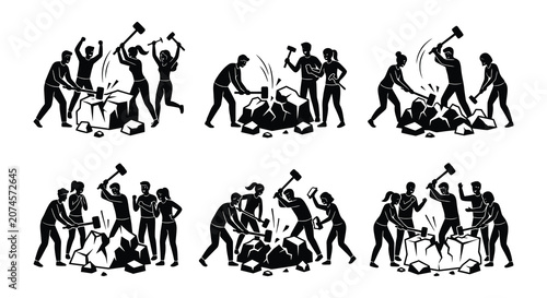 Fotografía Silhouettes Of People Breaking Rocks With Hammers Vector Illustration