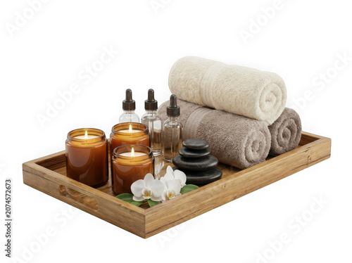 Luxury Spa Wellness Tray with Aromatherapy Candles Essential Oils Towels Orchid and Hot Stones Isolated on Transparent Background - 3D Relaxation Concept