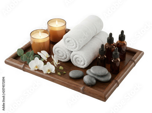 Luxury Spa Wellness Tray with Aromatherapy Candles Essential Oils Towels Orchid and Hot Stones Isolated on Transparent Background - 3D Relaxation Concept