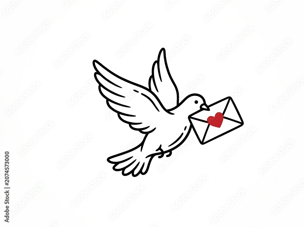 Fototapeta premium Flying Dove Carrying Red Envelope in Minimalist Line Art Style