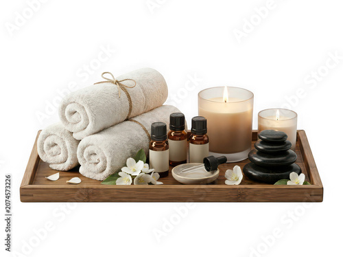 Luxury Spa Wellness Tray with Aromatherapy Candles Essential Oils Towels Orchid and Hot Stones Isolated on Transparent Background - 3D Relaxation Concept