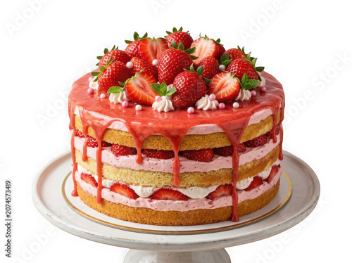 Delicious Strawberry Layer Cake with Fresh Berries Cream Frosting and Berry Glaze Isolated on Transparent Background - 3D Celebration Dessert