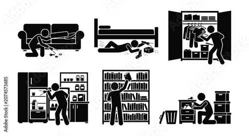 Fotografie Household chore icons depicting cleaning activities flat vector silhouettes