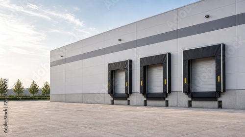 Warehouse loading docks under blue sky with clouds in the early morning