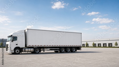 Large truck parked at a loading dock outside a warehouse during daytime with clear sky and few clouds