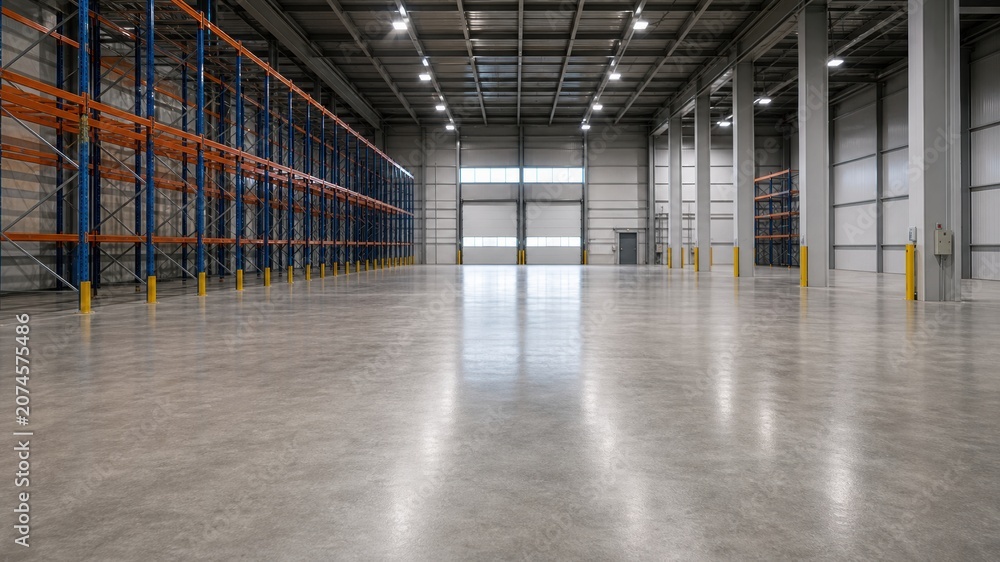 Fototapeta premium Large warehouse interior with empty floor space and shelves against the wall ready for storage