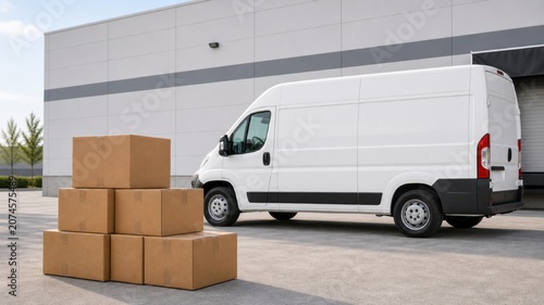 Delivery van parks near stacked cardboard boxes at a warehouse loading area during daytime hours