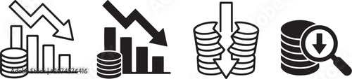 Photos Declining stock arrow with coin stack icon set downward bar chart, dollar sign outline and solid black styles