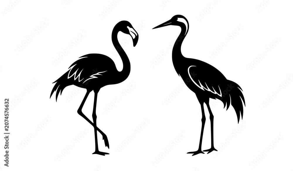 Fototapeta premium Elegant Flamingo and Crane Bird Silhouette Vector Set Isolated on White Background