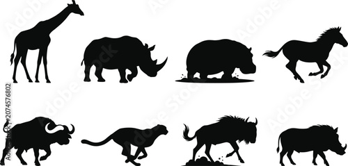 Bild auf Leinwand African wildlife silhouette set featuring safari animals including giraffe rhino