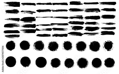 Vector freehand brush strokes and round shapes. Black brush elements rough and textured. Thick textured lines isolated on white background. Set of horizontal highlight underline vector illustration
