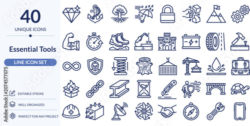 Essential Tools Line Icons, 40 Editable Stroke Vector Icons for Equipment, Utility and Hand Tools