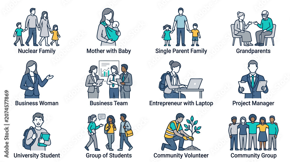Fototapeta premium Diverse Group of People Icon Set in Contemporary Line Art Style Featuring Family Portraits Business Executives Students and Community Members for Web Design Apps and Marketing Materials