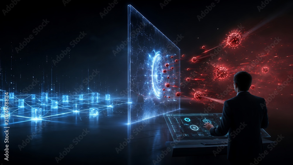 Obraz premium AI Firewall Blocking Malware Attack Across Enterprise Infrastructure