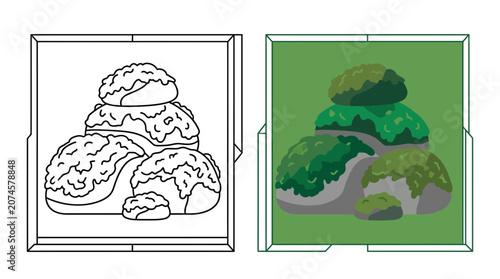 Mossy green garden rocks and boulders vector set.