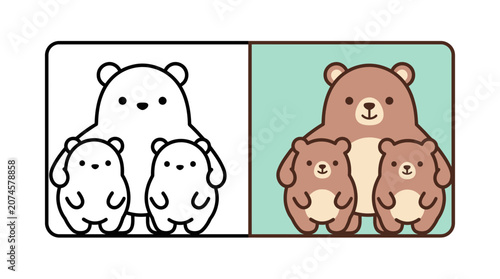 Mother bear and cubs coloring page and illustration