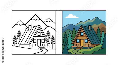 Mountain cabin house in pine forest vector landscape.