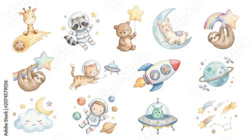 Quadro su tela Cute watercolor space nursery clipart collection x