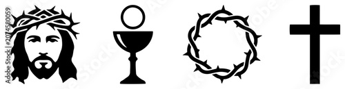 Fotografie Christian religious symbols collection including Jesus head and crown of thorns