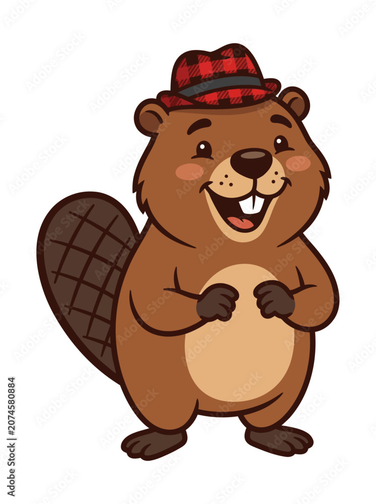 Obraz premium Cute Cartoon Beaver Wearing a Lumberjack Plaid Fedora Hat