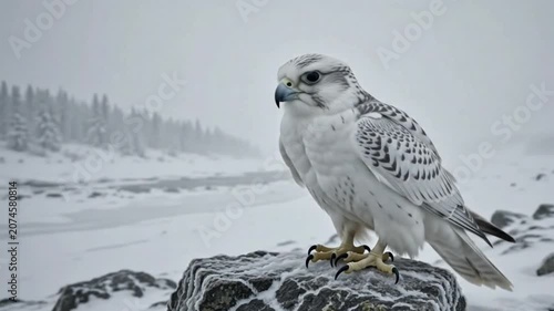 White falcon spreading wings on a rock during winter blizzard