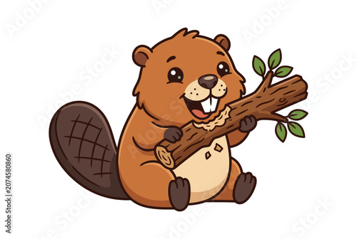 Vászonkép Cute Cartoon Beaver Holding a Wooden Log Illustration