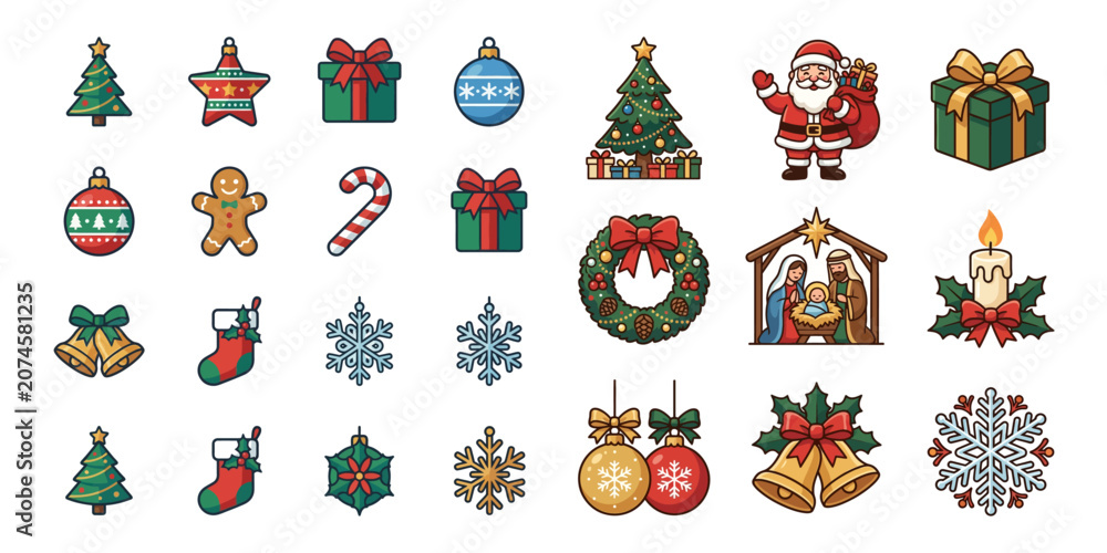 Naklejka premium Christmas Icons Set: Santa Claus, Nativity, Gifts, Ornaments, Snowflakes