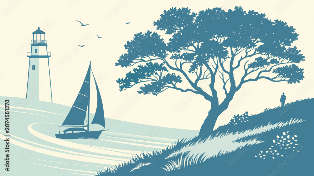 Naklejka premium Seascape with a lone person walking on a hill next to a lighthouse and a sailboat on the water sailing boat sailboat lighthouse landscape nautical silhouette monochrome illustration seascape