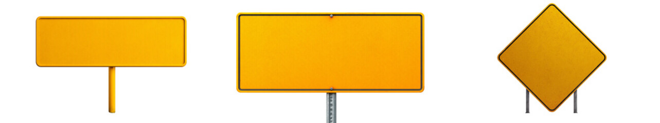 Collection of yellow road signs on transparent background for various uses