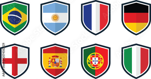 Collection of shield icons featuring various country national flags